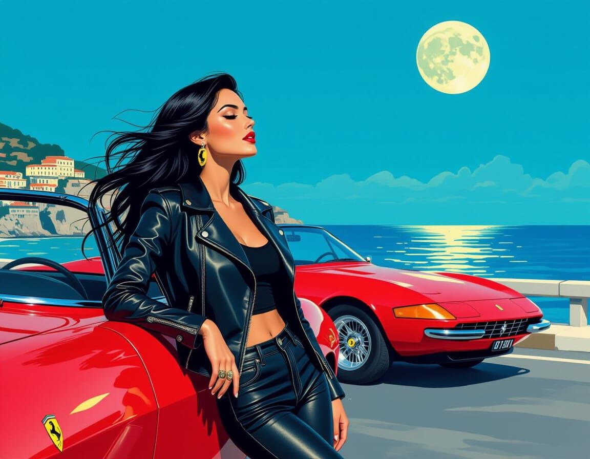 Italian Woman with Ferrari Daytona, Retro Art Style