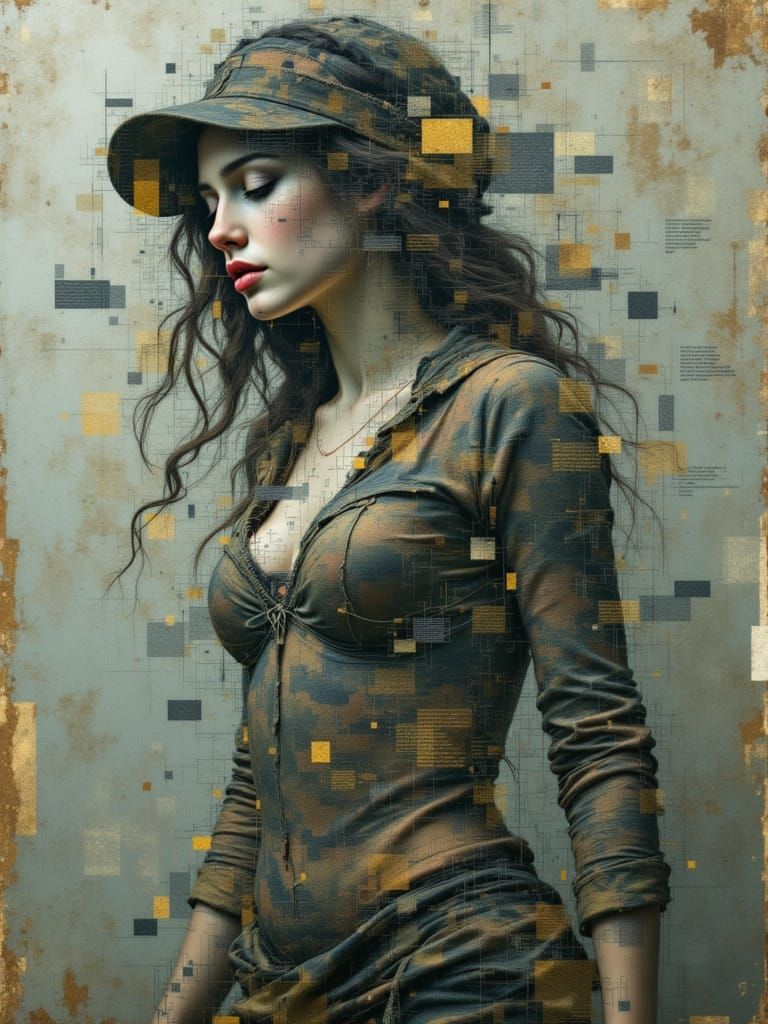 A Fragmented Digital Portrait of a Camouflaged Woman