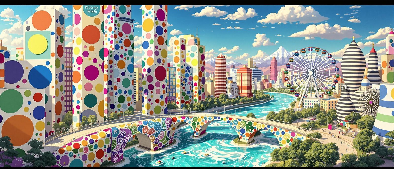 Whimsical Polka Dot Cityscape in Vibrant Colors