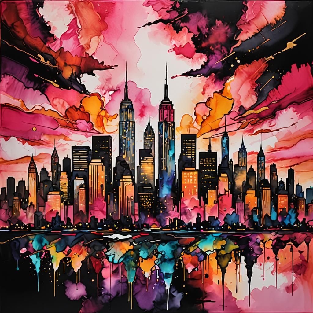 NYC Skyline Sunset in Pink Alcohol Ink Art