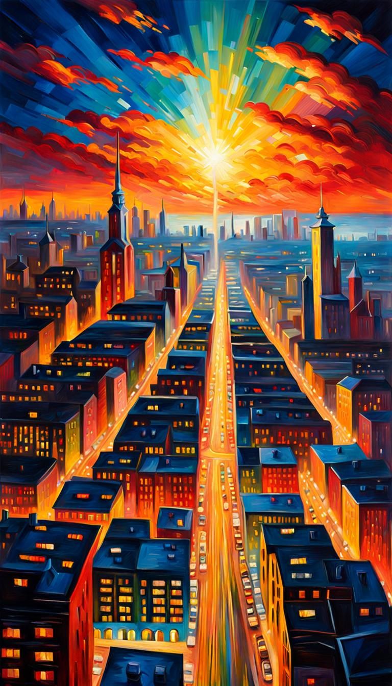 Expressionist Cityscape Bathed in Light as Impasto Painting