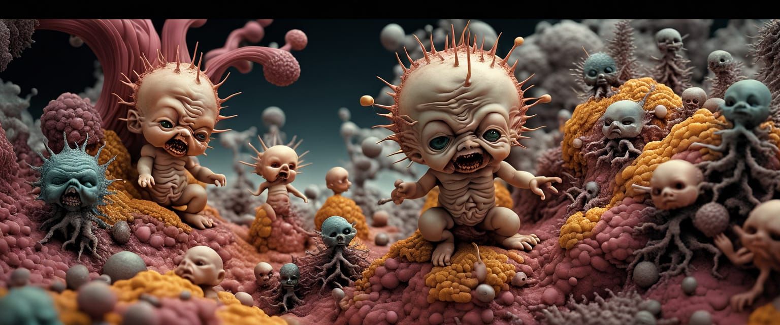 Sinister Kewpie Horrors in Apocalyptic Landscape