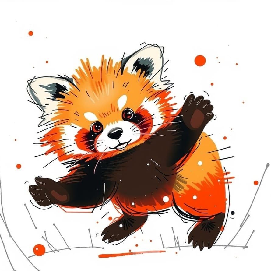 Vibrant Abstract Red Panda in Whimsical Snowy Scene
