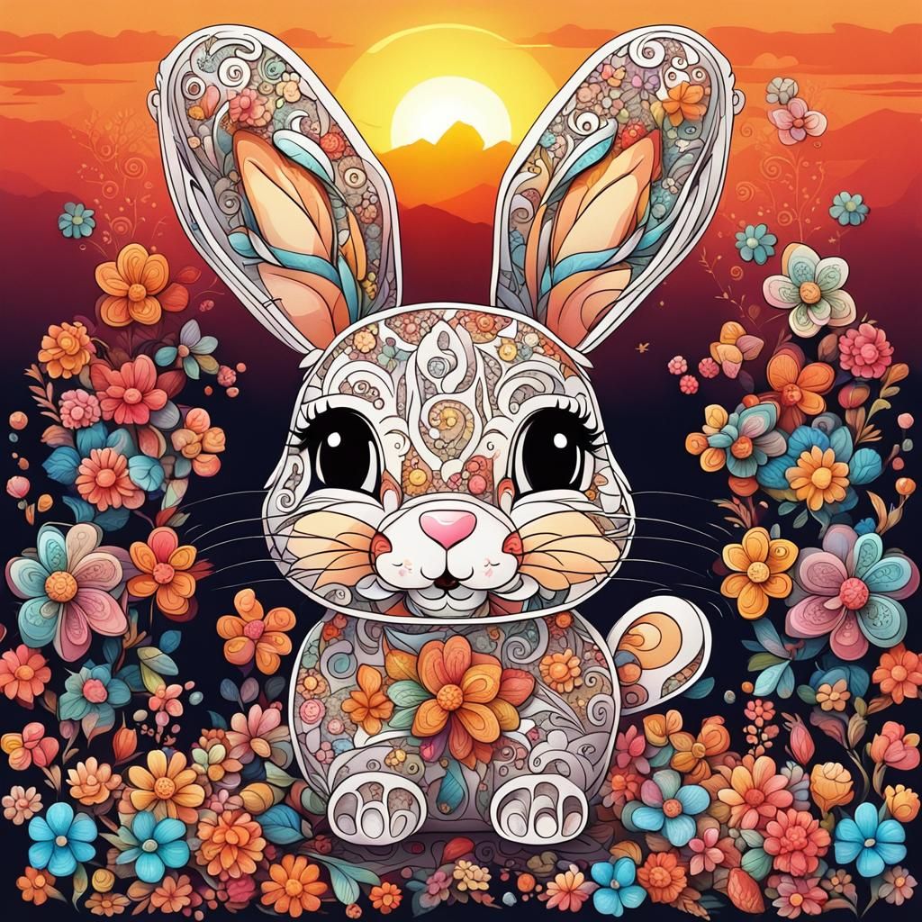 Filigree Flower Chibi Rabbit at Sunset
