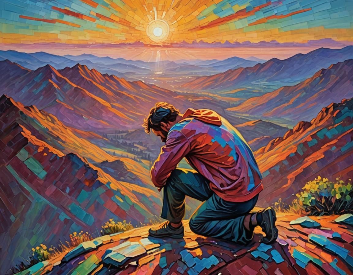 Mountaintop Exaltation: Neo-Impressionist Oil Painting