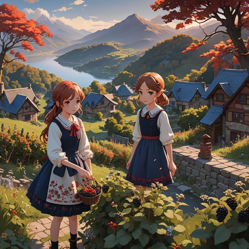 Berry Picking in Anime Style Autumn Landscape