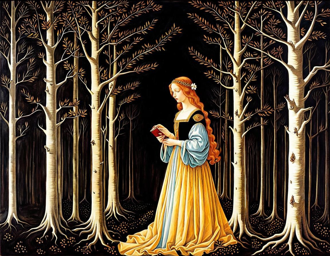 Girl in Dark Forest, Renaissance Style
