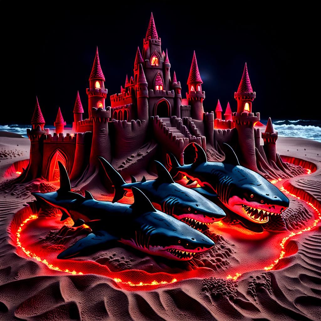 Horror Sandcastle with Sharks in Crimson Colors