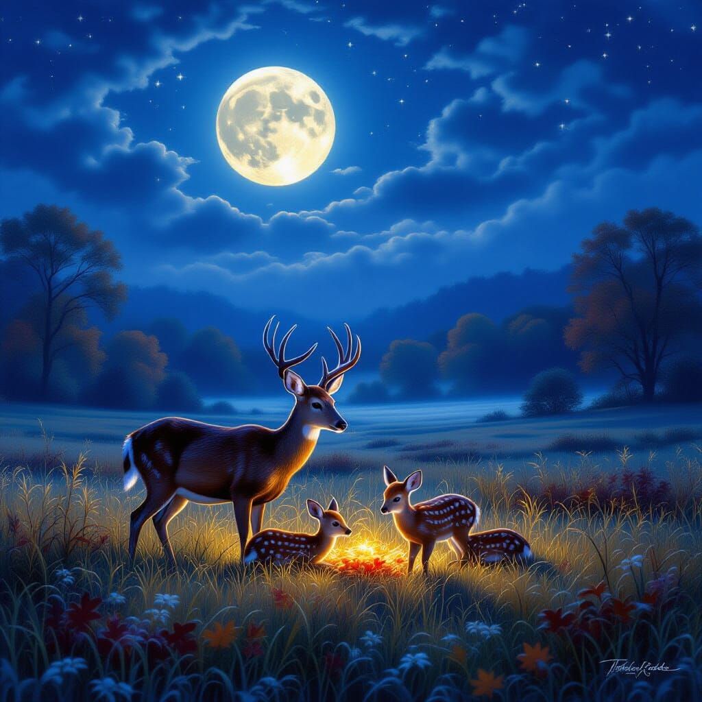 Ethereal Doe and Fawns Under Harvest Moon