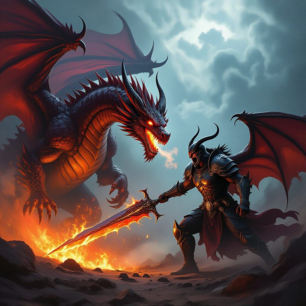 Ancient Dragon Battles Fiery Demon in Dark Fantasy Art