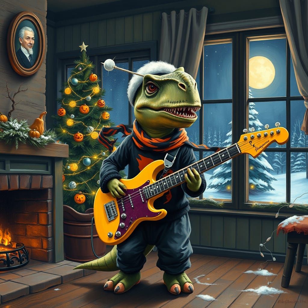Goth Emo Triceratops Dinosaur Girl Plays Halloween Guitar