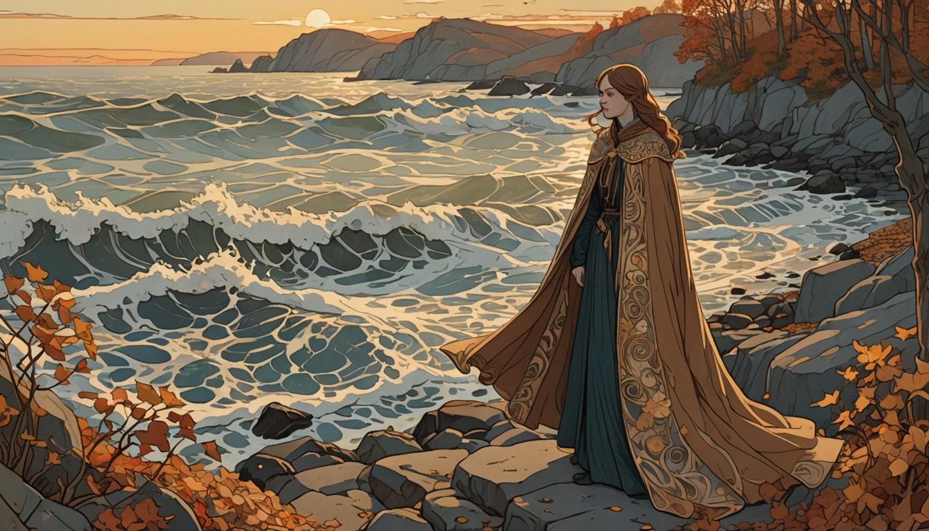 Woman on Autumn Shore in Art Nouveau Style