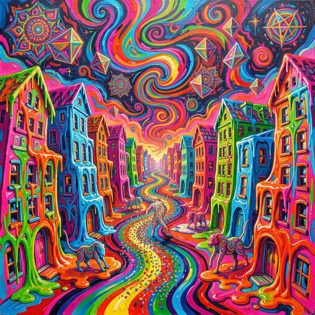 Surreal Melting City in Psychedelic Gouache