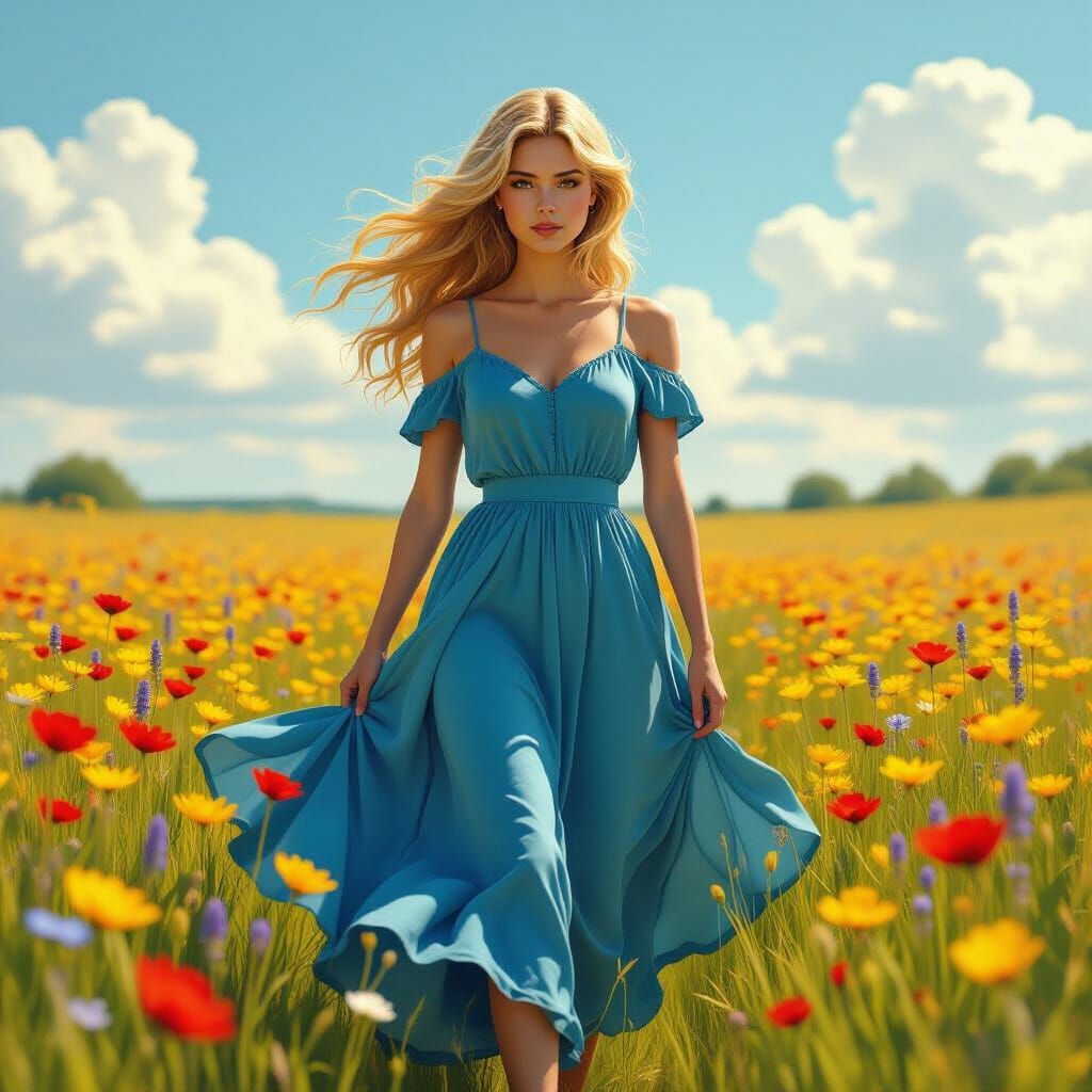 Young Lady in Wildflower Field: Realistic Digital Art