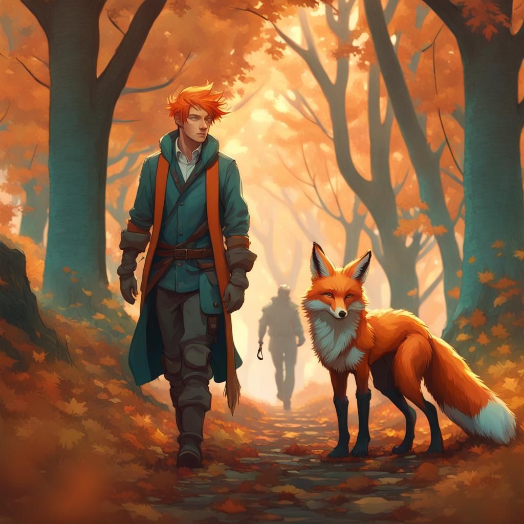Man and Fox in Autumn Woods, Art Nouveau Style