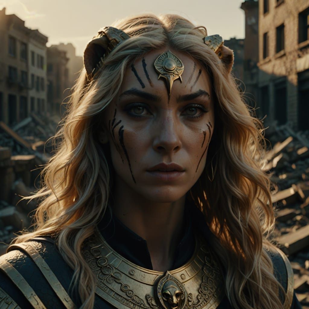 Hyperrealistic Sekhmet Destroys City in Cinematic Film Still