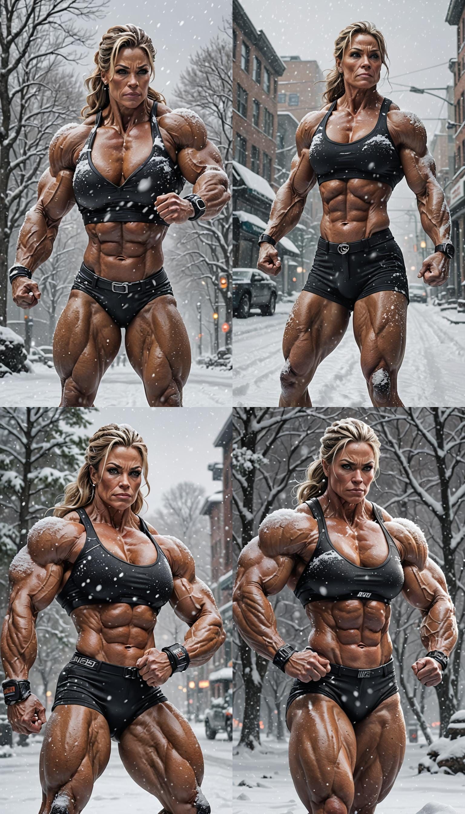 Female Bodybuilder Flexing in the Snow