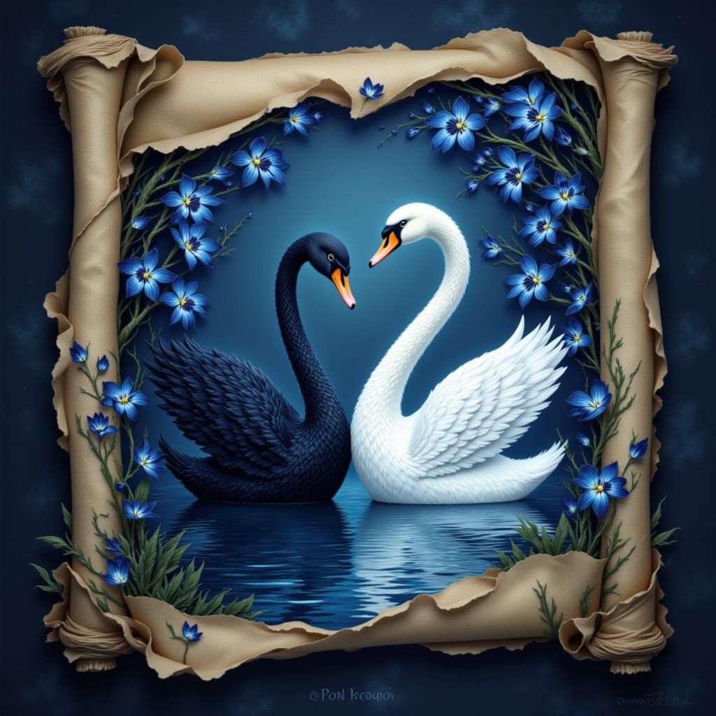 Fantasy Crest with Swans and Orchids in Art Nouveau Style