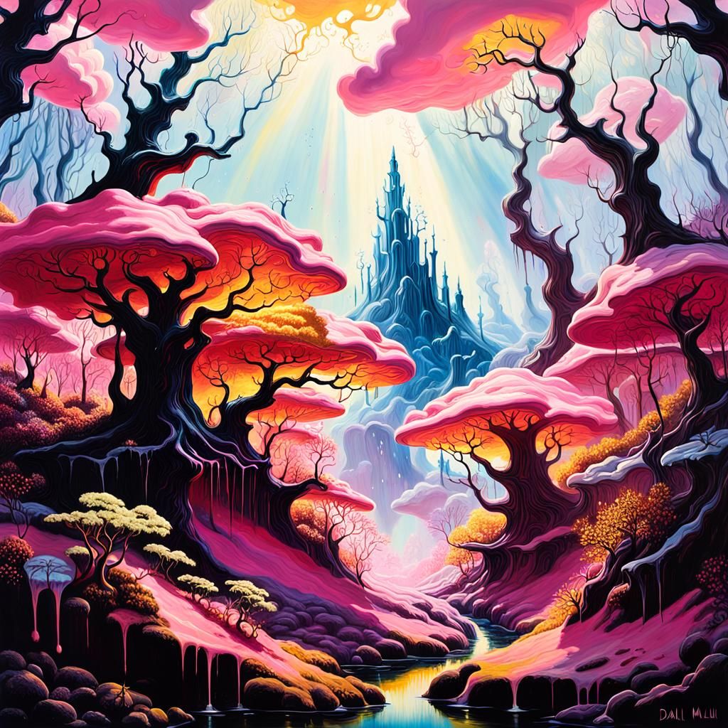 Pink and Gold Enchanted Forest in Splash Art Style