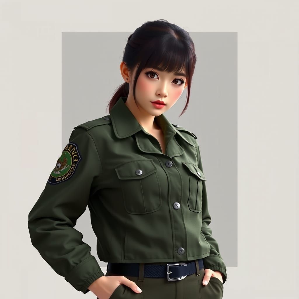 Woman Poses in Military Outfit: Photorealistic Portrait