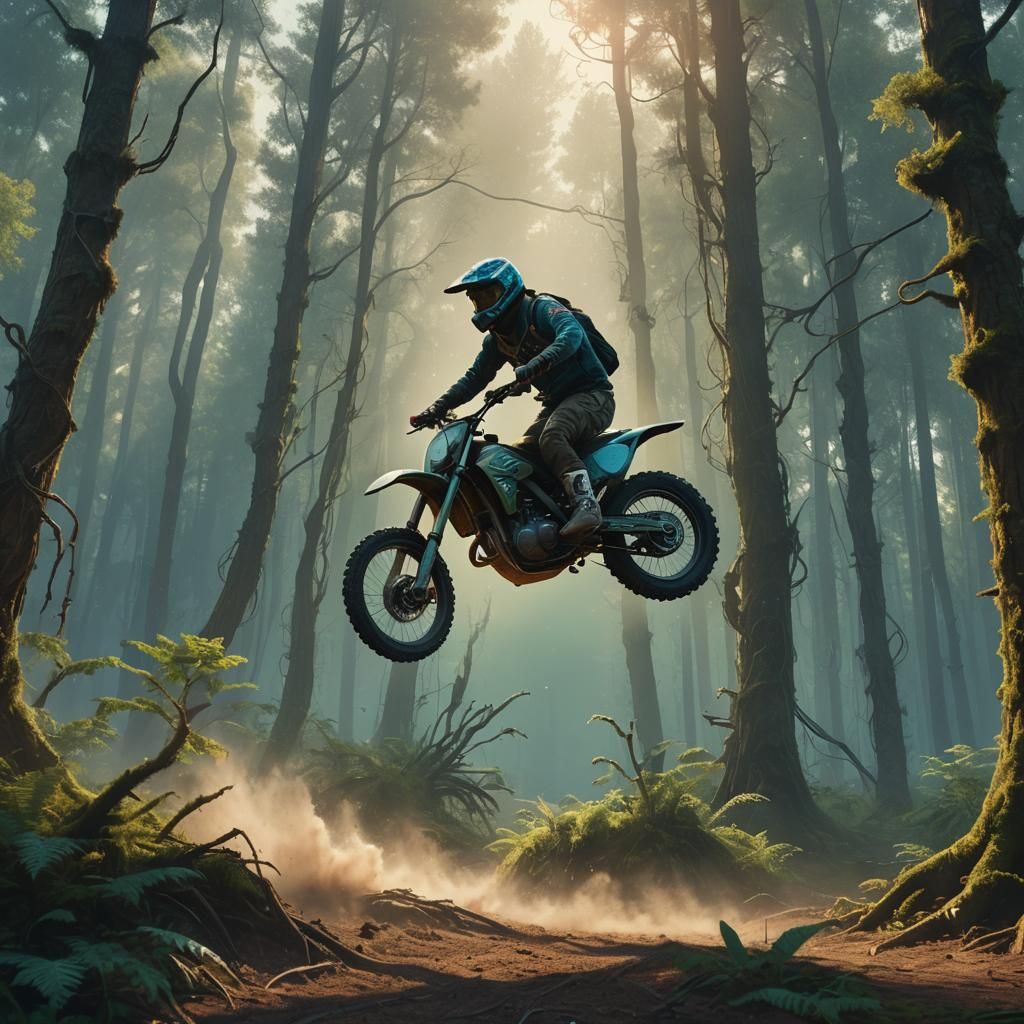 Dirt Bike Whip in Mystical Forest, Dreamlike Matte Painting