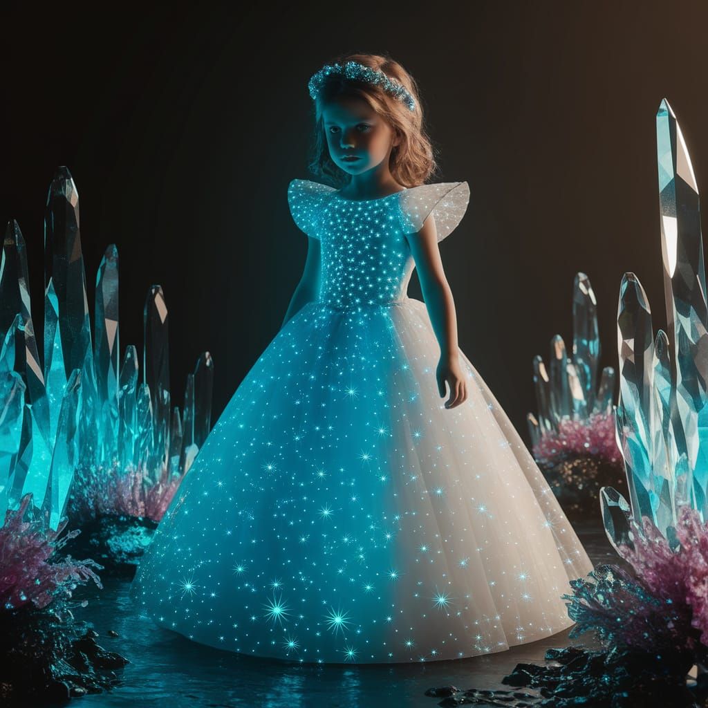 Bioluminescent Ocean Scene with Girl in Blue Dress