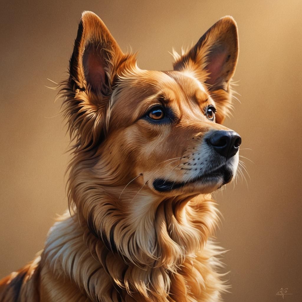 Caramel Dog Portrait with Furry Tail in Splash Art