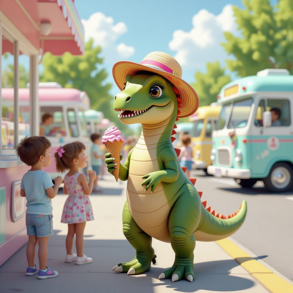Dinosaur Ice Cream Line on a Sunny Summer Day