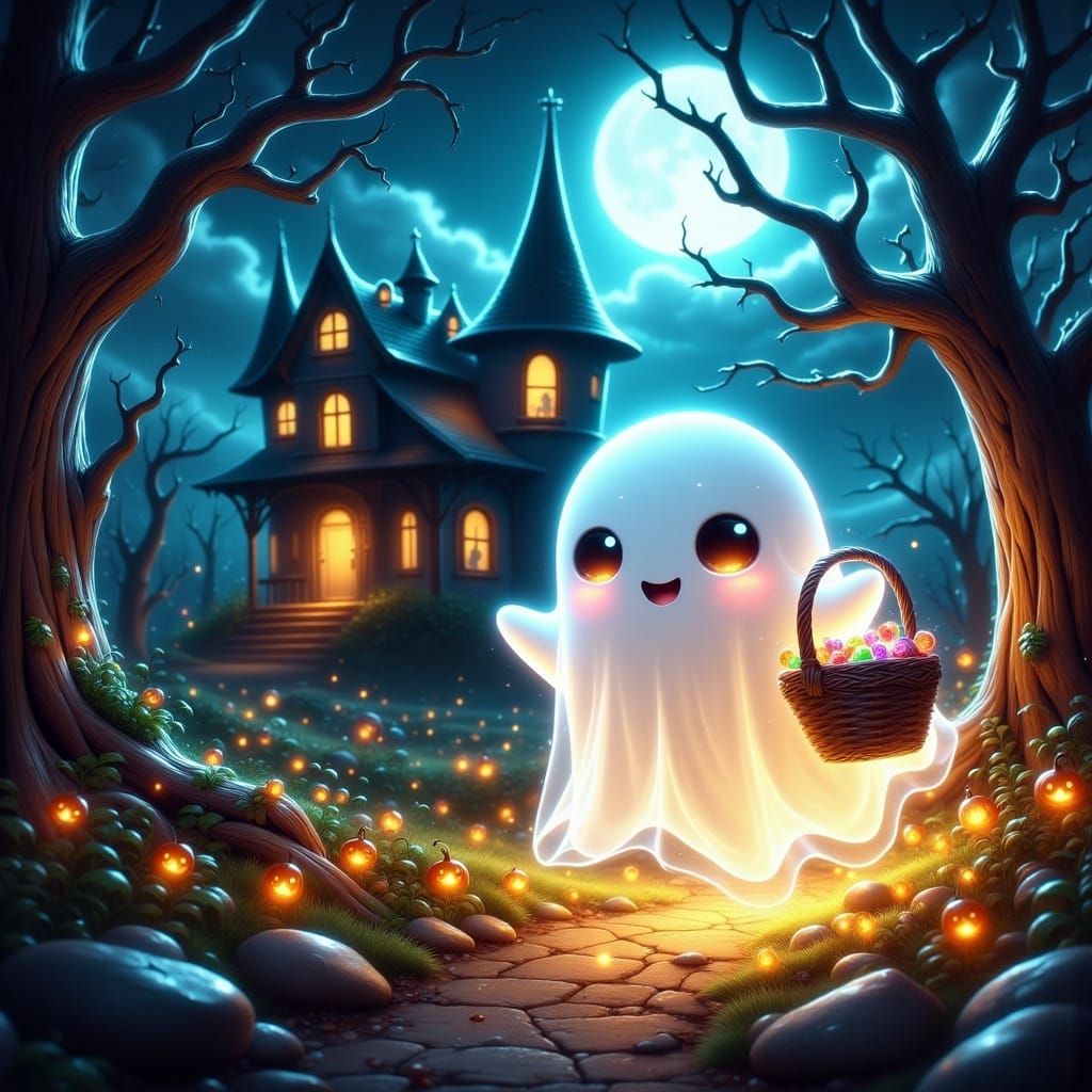 Cute Ghost with Halloween Candy in Dark Fantasy Style