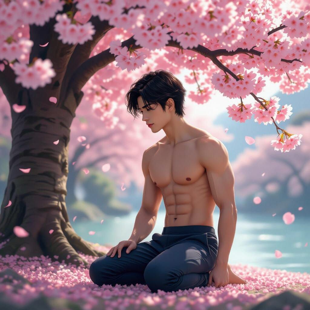 Sakura Serenity: Ayato Kneeling Under Cherry Blossoms