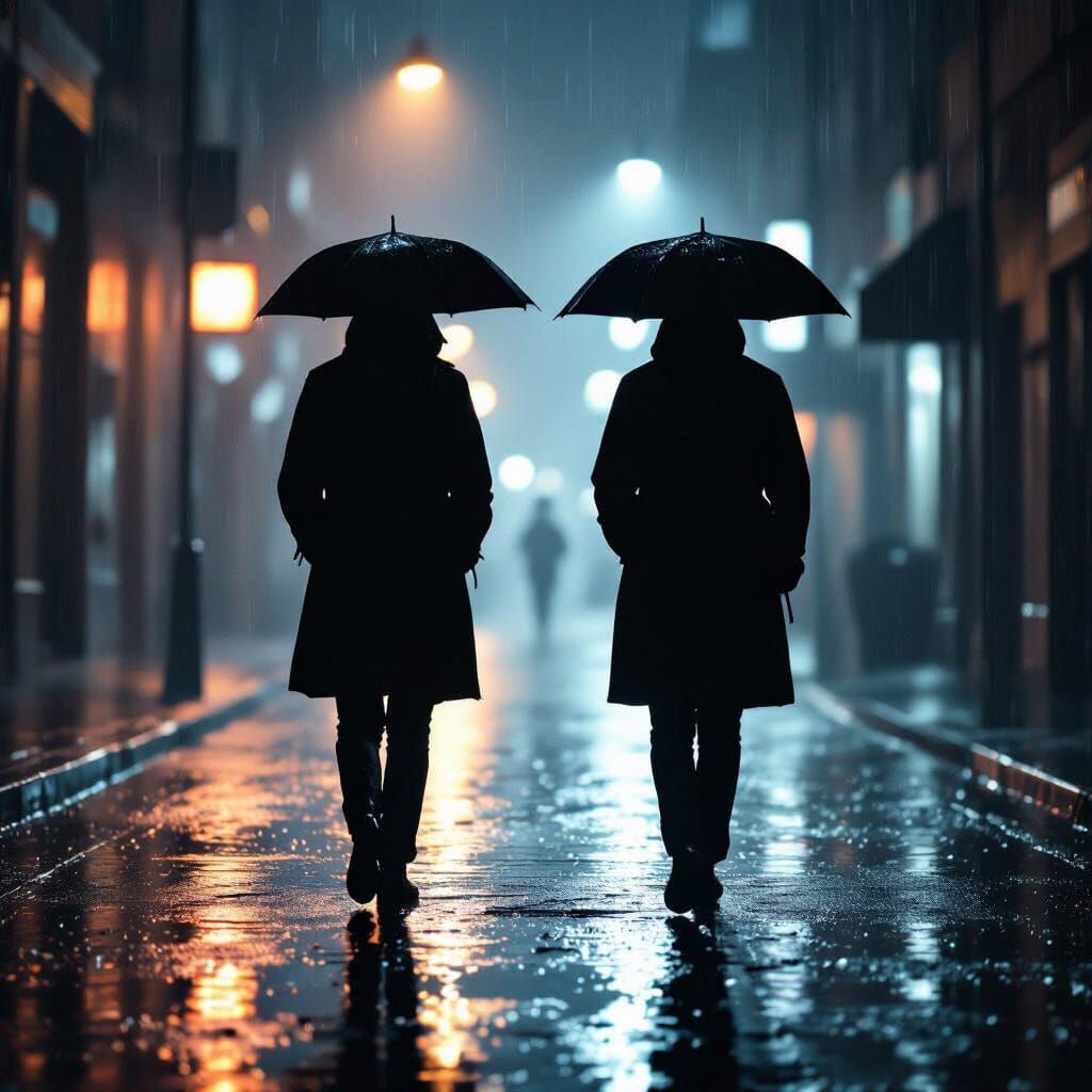 Silhouetted Figures Walking in Rainy Cityscape