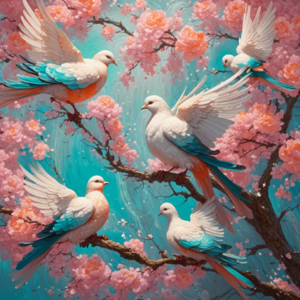 Birds on Branch in Rococo Pastel Style