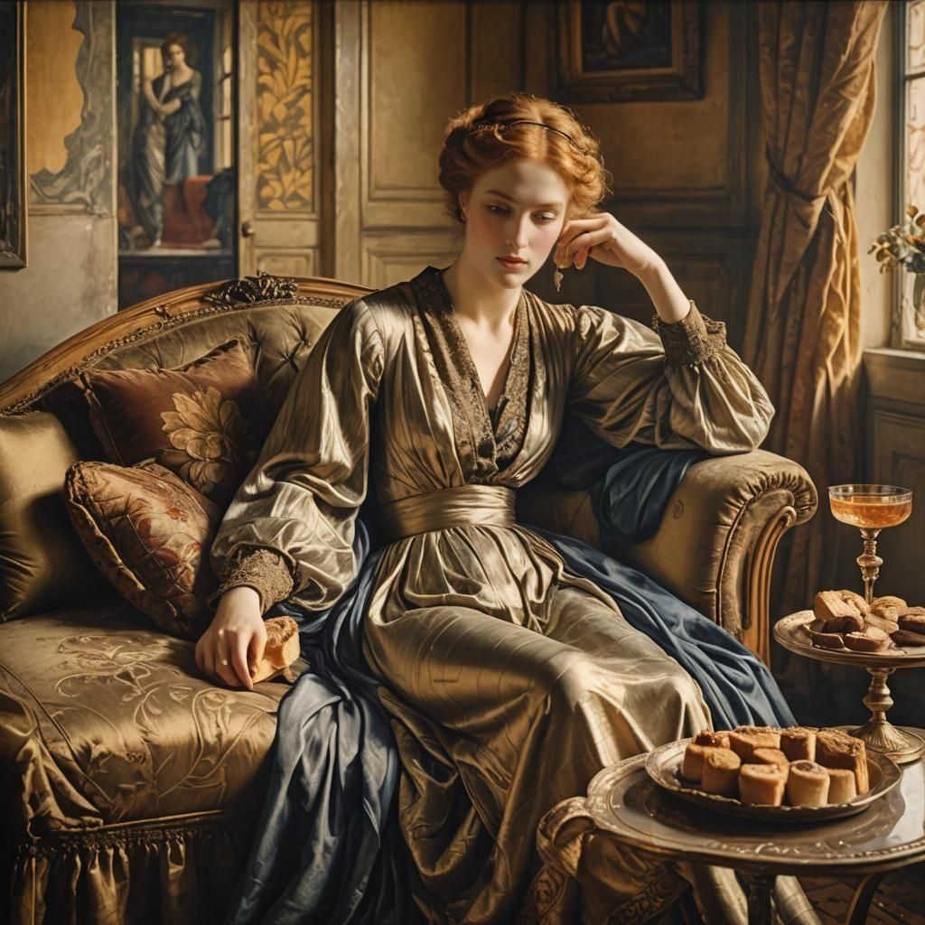 Elegant Woman in Silk, Pre-Raphaelite Style