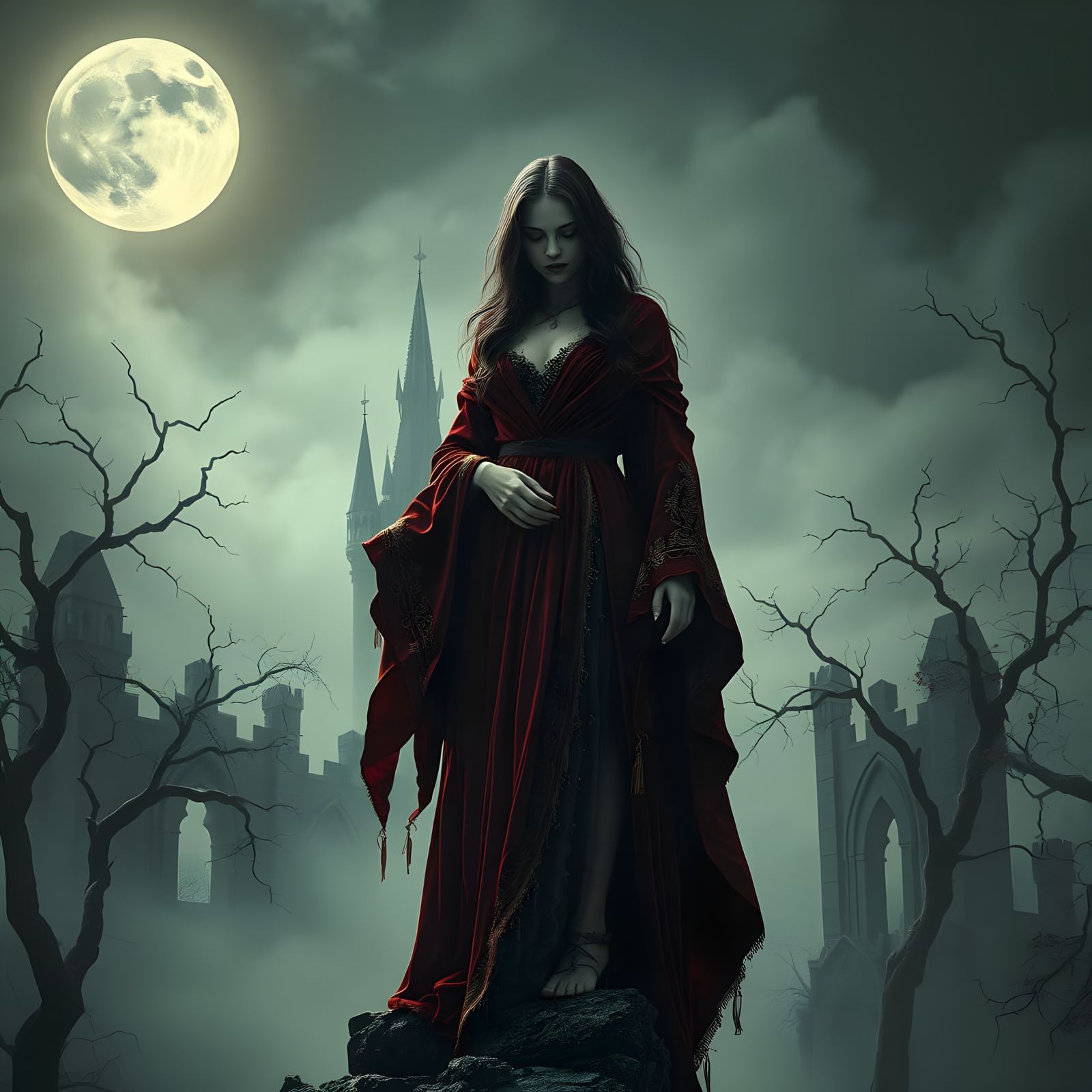Ethereal Vampire Woman in Crimson Robes Amidst Gothic Ruins