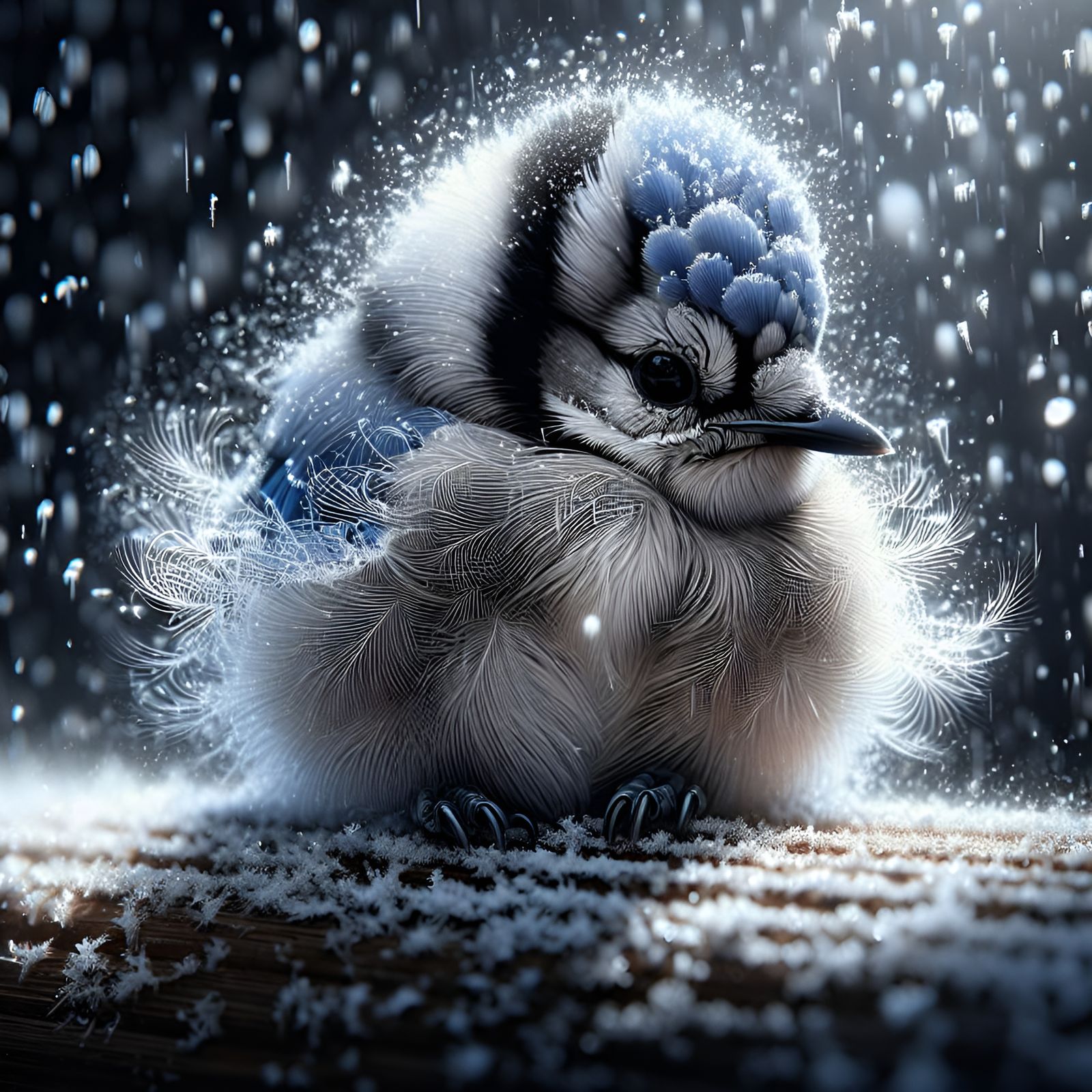 Fluffed Up Blue Jay Chick in Sparkling Snow