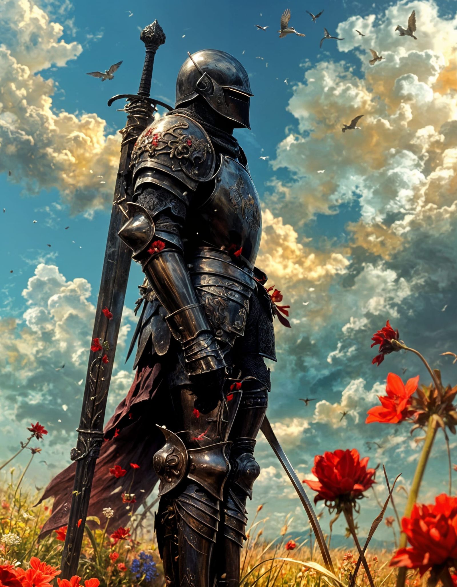 Knight in Red Flower Field Under Dramatic Sky