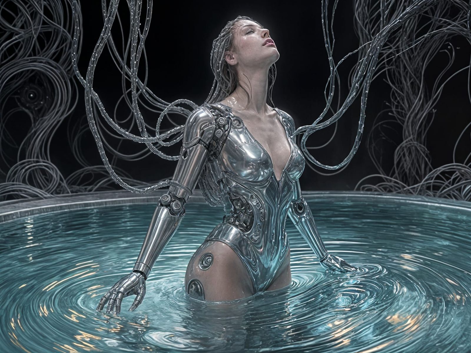 Woman Fused With Robotic Tendrils From Liquid Metal Pool