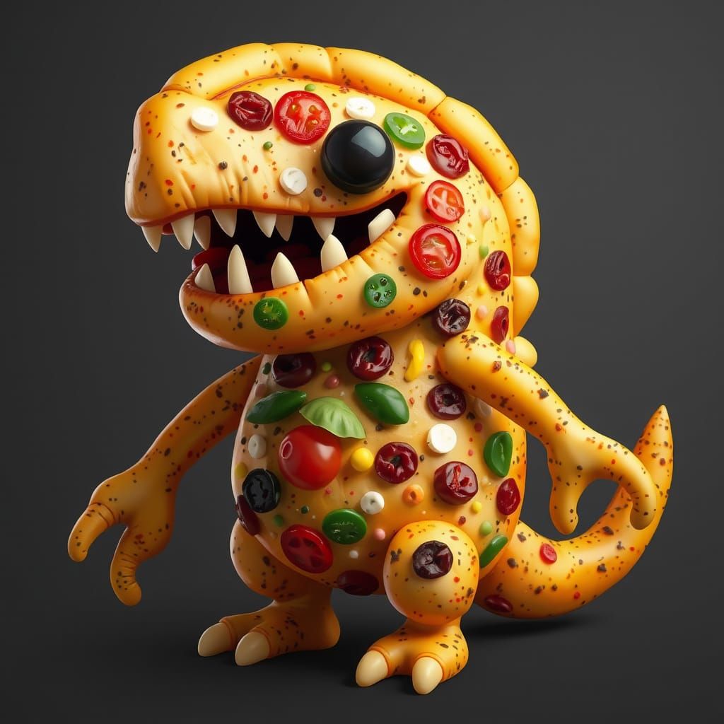 Whimsical Pizza Creature Made of Toppings