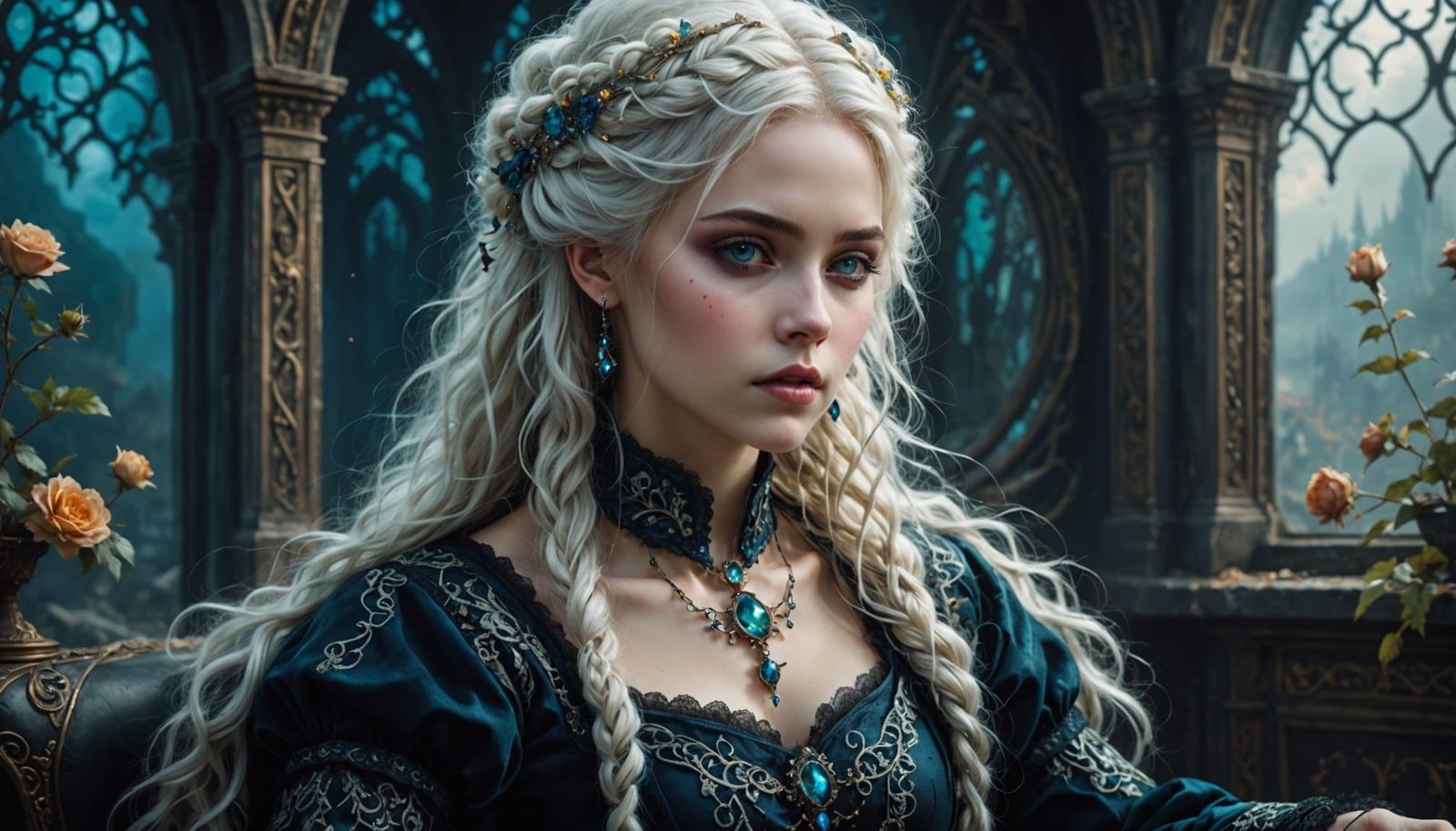 Gothic Woman with Bear in Surreal Dreamscape