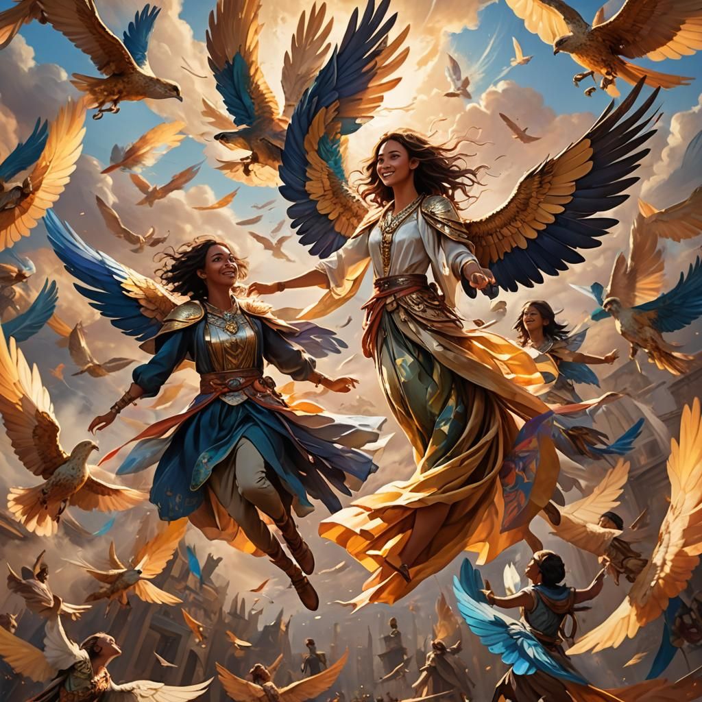 People Soaring Through Sky in Vibrant Oil Painting