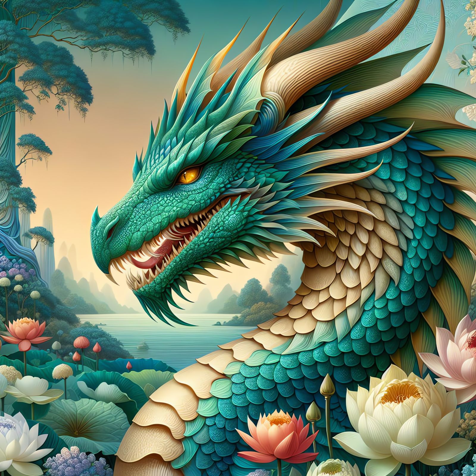 Teal Dragon in Enchanting Environment Digital Painting
