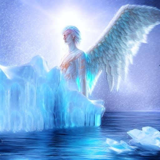 Angel encased in ice, winged angel trapped in ice over the ocean, ice angel