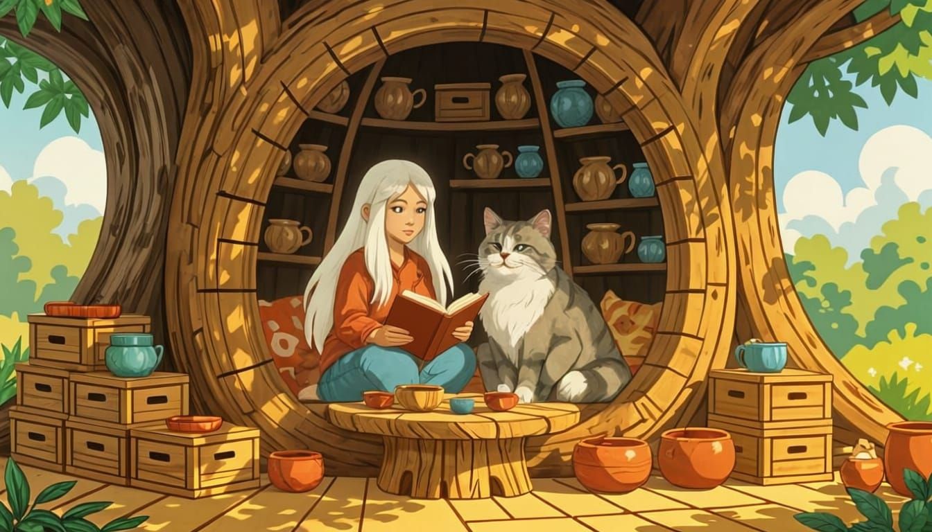 Cozy Treehouse Interior with Woman and Cat