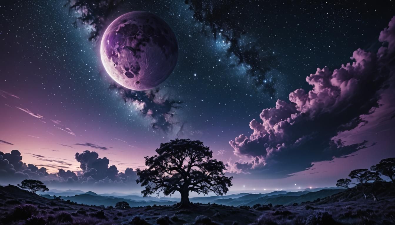 Surreal Celestial Landscape with a Dreamlike Moonlit Scene