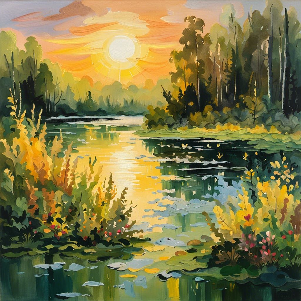 Fairies Dance on Lake in Impressionist Gouache Painting