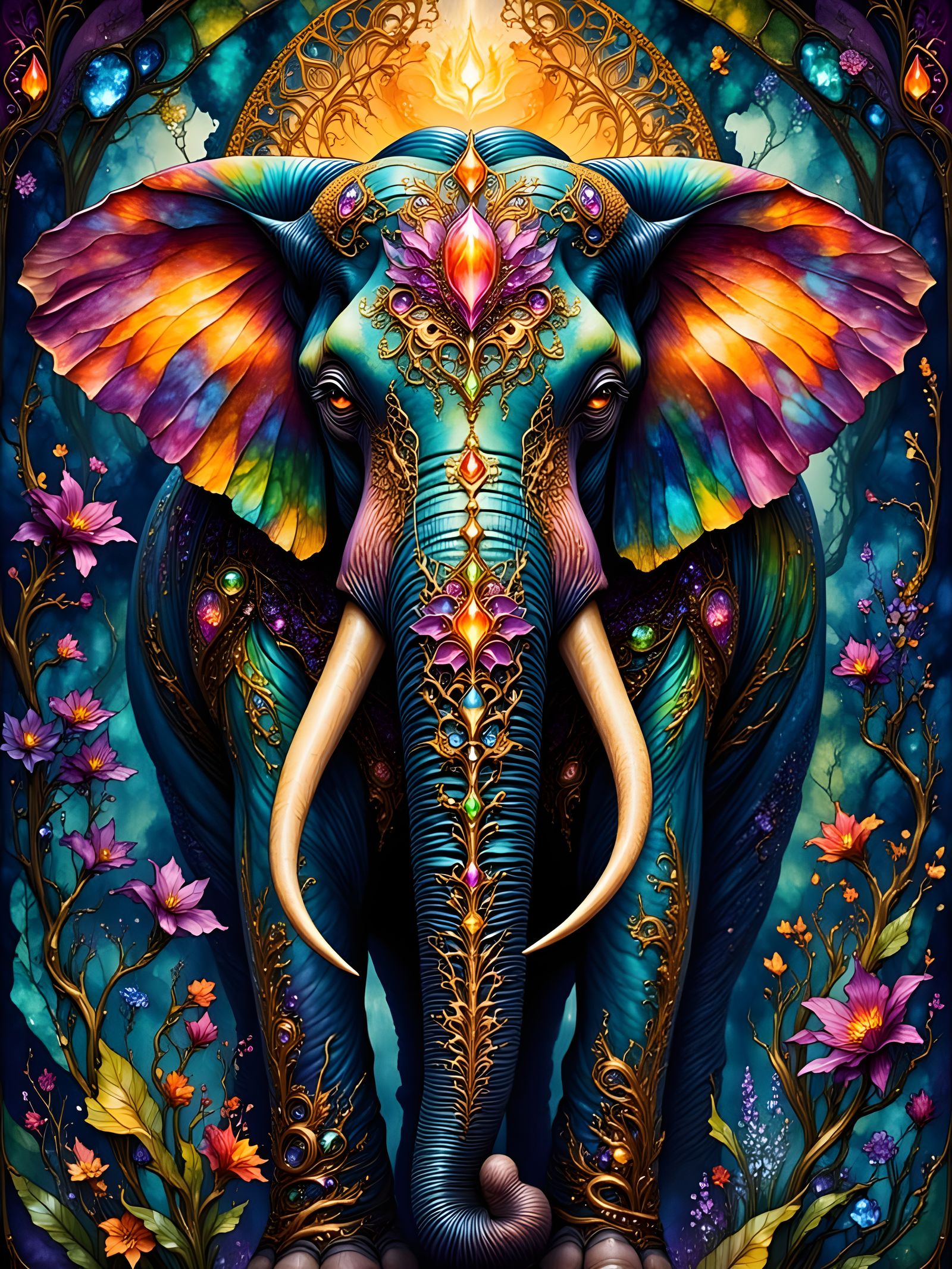 Vibrant Elephant Adorned with Intricate Designs and Jewels