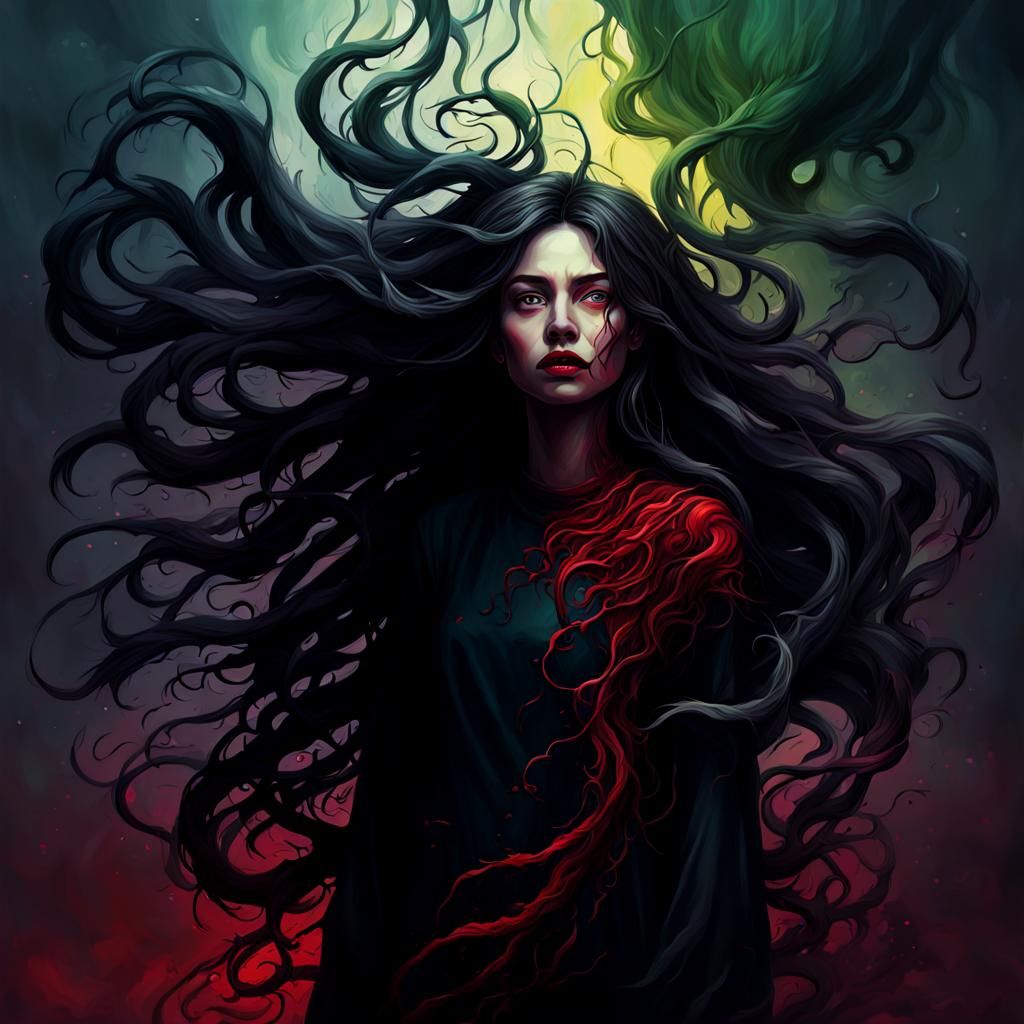 Nightmare: Hyperrealistic Woman in Vines with Dark, Billowin...