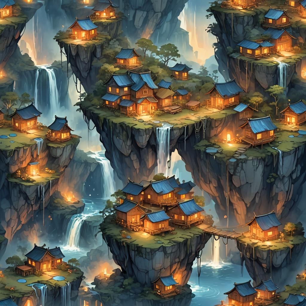 Floating Island Village at Sunset: Watercolor Painting