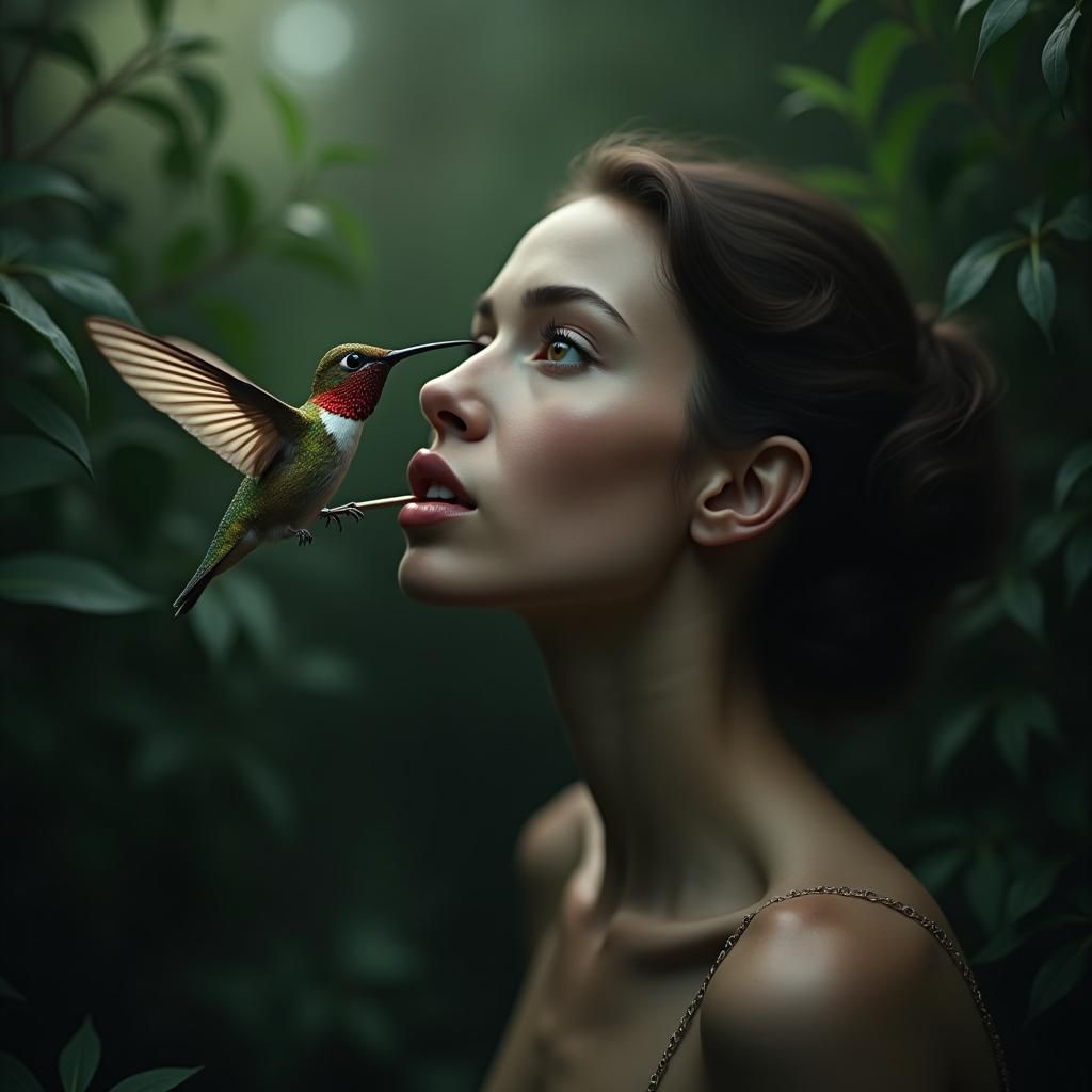 Hummingbird Pierced Lip: Hyperrealistic Cinematic Portrait