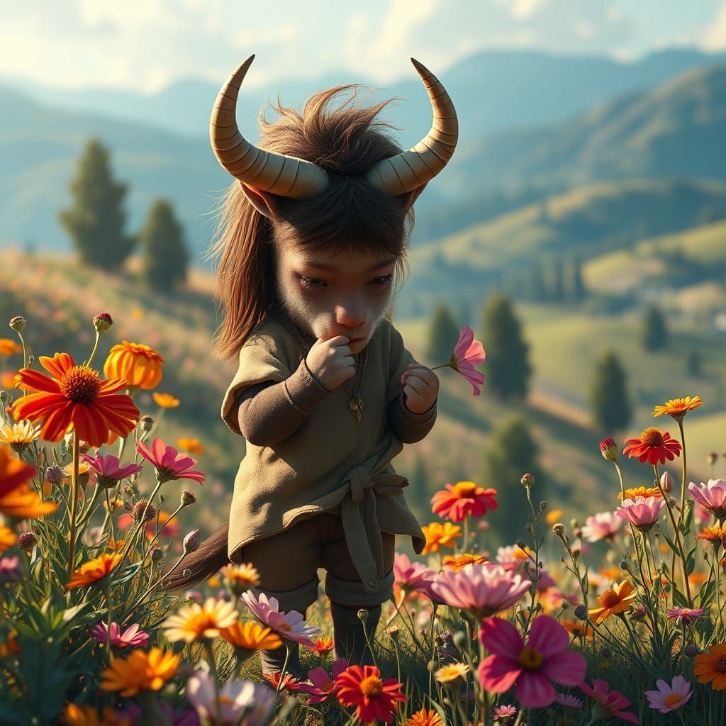 Whimsical Mythical Creature in Vibrant Wildflower Landscape